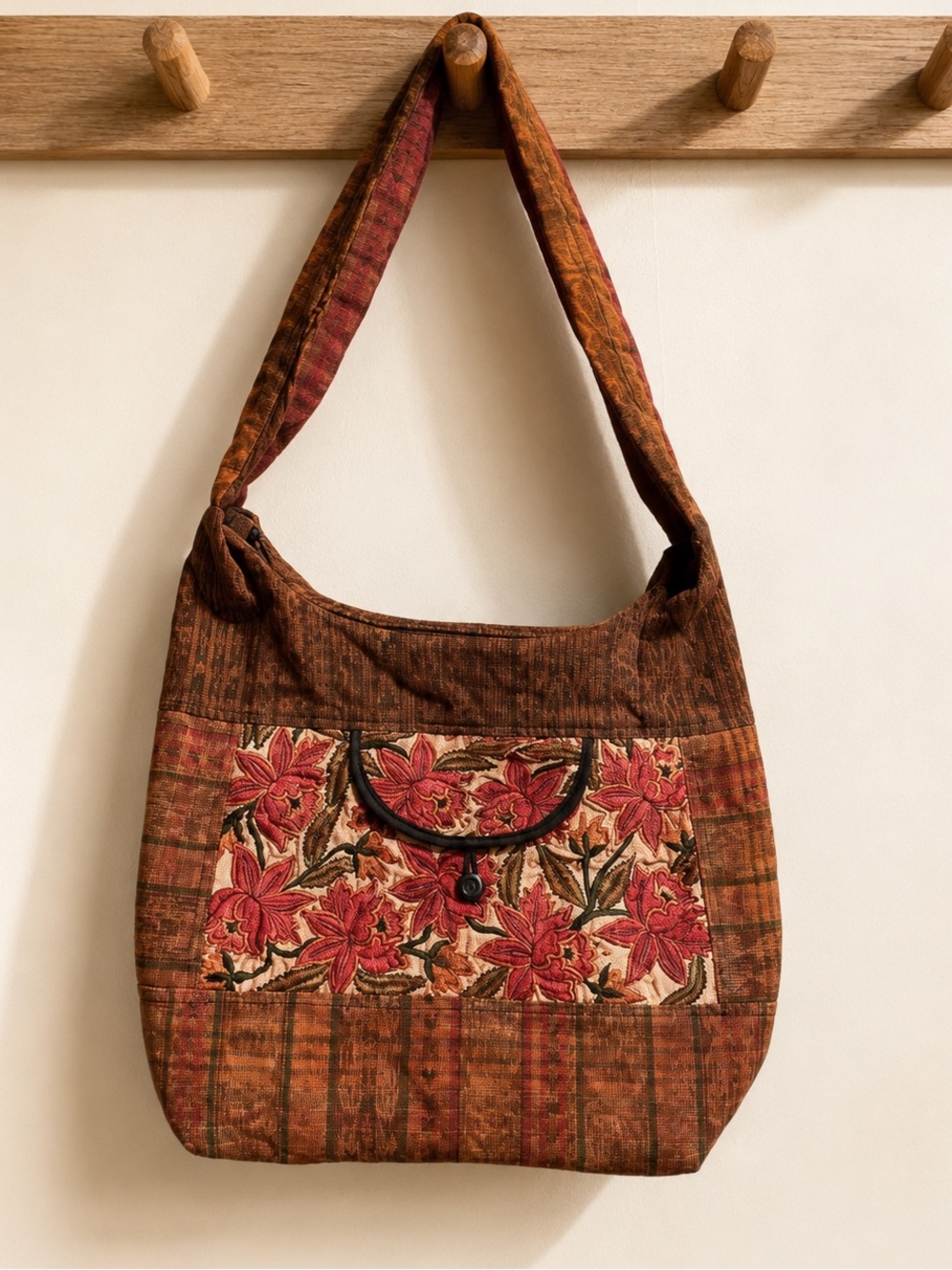 Handmade Boho Floral Embroidered Crossbody Bag Brown Red Patchwork Sling Purse